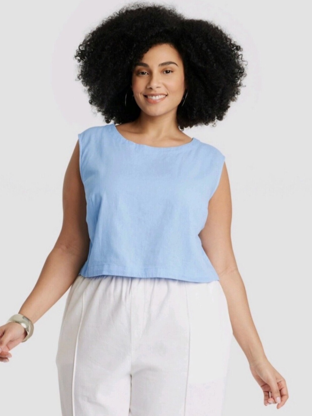 A New Day Light Sky Blue Sleeveless Women's Cropped Linen Tank Top